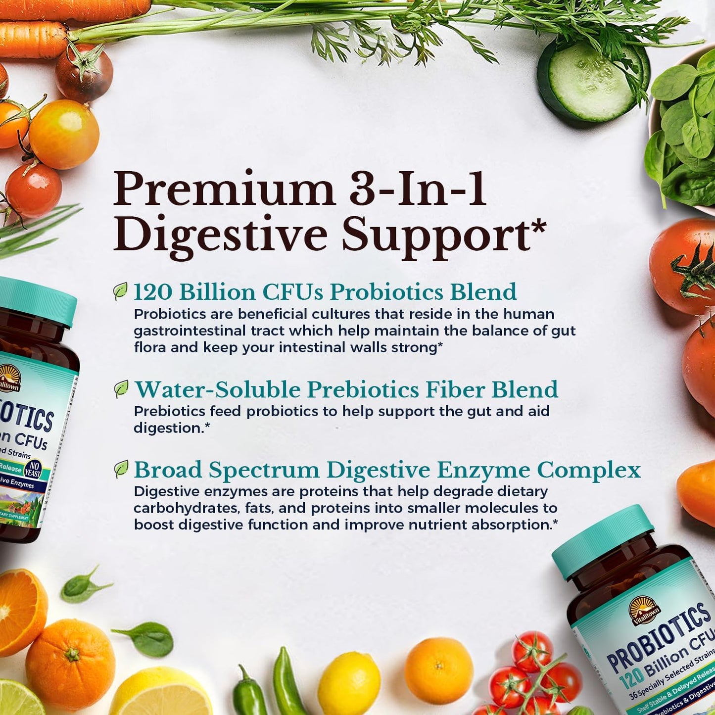 Vitalitown Probiotics 120 Billion CFUs | 36 Strains with Prebiotics & Enzymes | Digestive & Immune Support | Vegan | 60 Delayed Release Capsules
