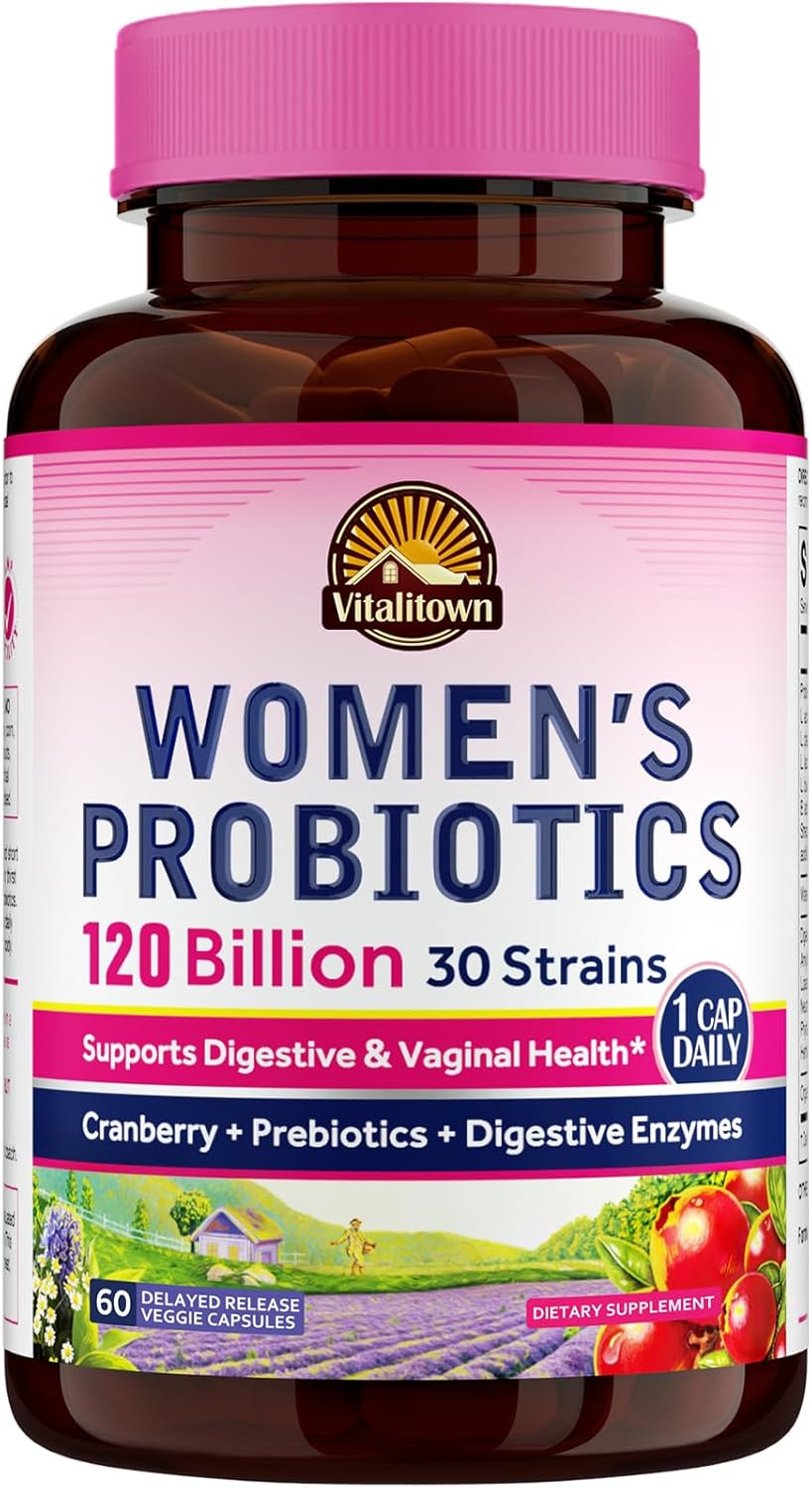 Vitalitown Women's Probiotic Supplement 120 Billion CFUs, 30 Strains, with Prebiotics, Digestive Enzymes, Cranberry - Gut & Vaginal Health Support - Vegan Capsules - 60 Count