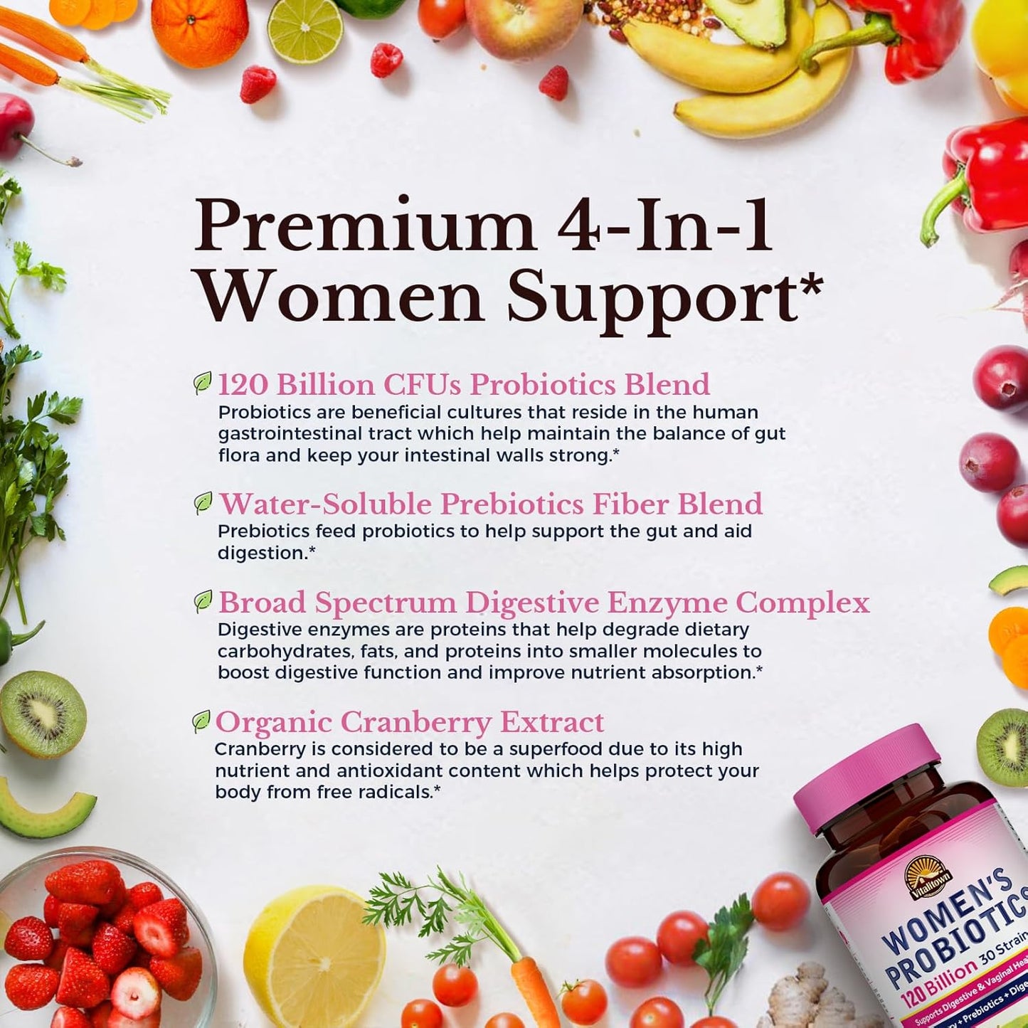 Vitalitown Women's Probiotic Supplement 120 Billion CFUs, 30 Strains, with Prebiotics, Digestive Enzymes, Cranberry - Gut & Vaginal Health Support - Vegan Capsules - 60 Count