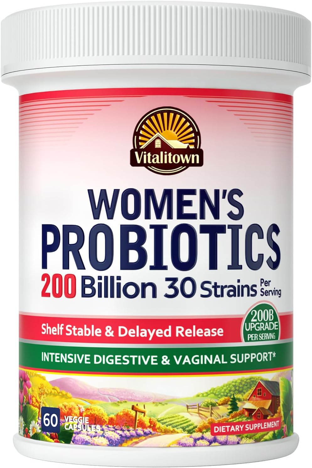 Vitalitown Women's Probiotics - 200 Billion CFUs, 30 Strains - 60 ct Vegan Capsules - Intensive Digestive & Vaginal Support - Non-GMO, Shelf Stable & Acid Resistant