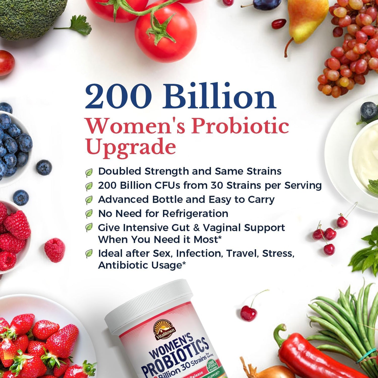 Vitalitown Women's Probiotics - 200 Billion CFUs, 30 Strains - 60 ct Vegan Capsules - Intensive Digestive & Vaginal Support - Non-GMO, Shelf Stable & Acid Resistant