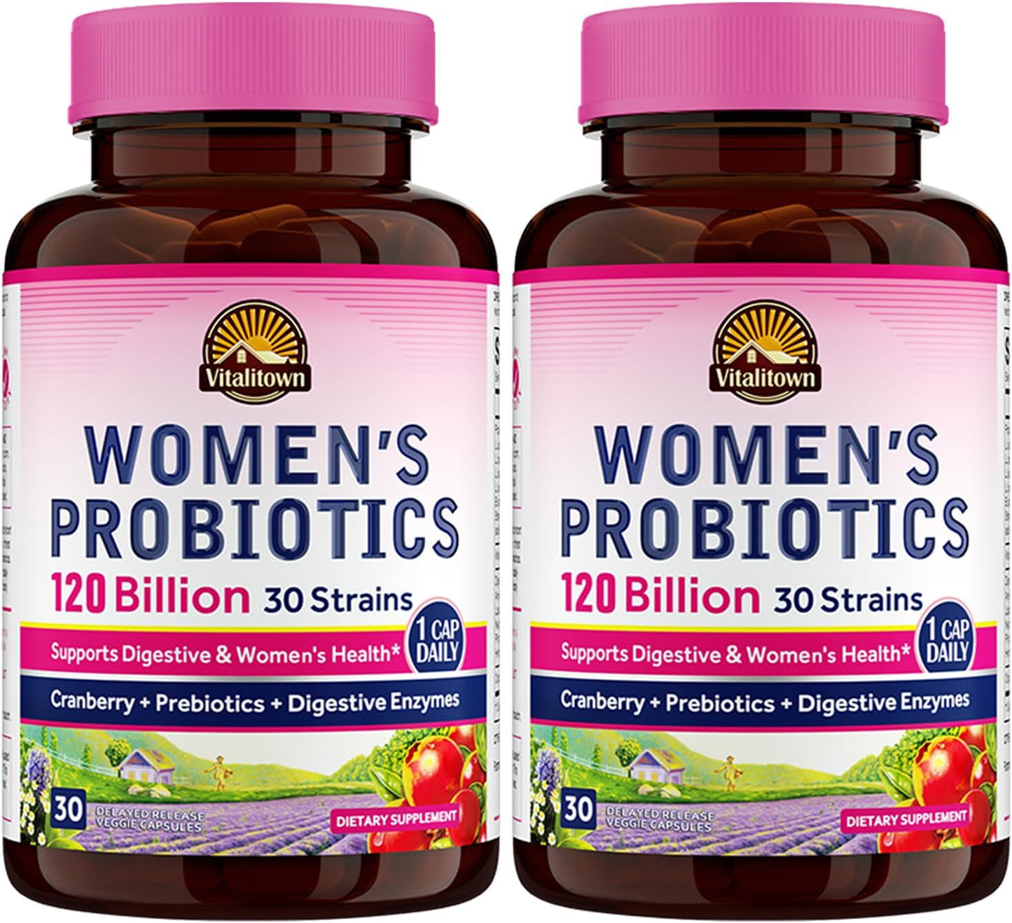 Vitalitown Women's Probiotics: 120 Billion CFUs, 30 Strains, Prebiotics, Digestive Enzymes, Cranberry - Vegan Capsules for Gut & Vaginal Health - 60ct