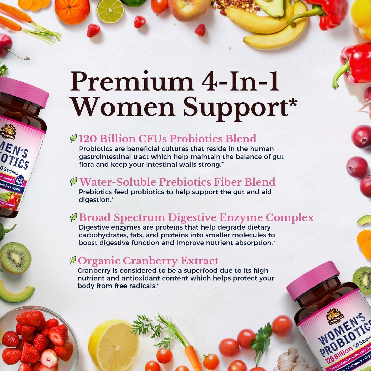 Vitalitown Women's Probiotics: 120 Billion CFUs, 30 Strains, Prebiotics, Digestive Enzymes, Cranberry - Vegan Capsules for Gut & Vaginal Health - 60ct