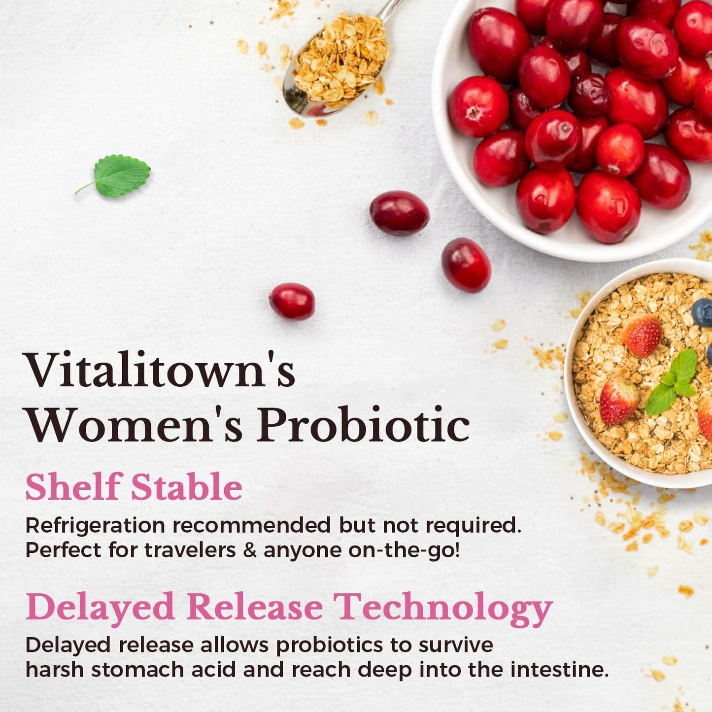 Vitalitown Women's Probiotics: 120 Billion CFUs, 30 Strains, Prebiotics, Digestive Enzymes, Cranberry - Vegan Capsules for Gut & Vaginal Health - 60ct