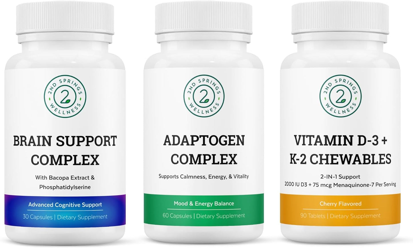 Vitality & Mind Wellness Trio Bundle - Brain Support, Adaptogen, Vitamin D3+K2 for Enhanced Wellbeing