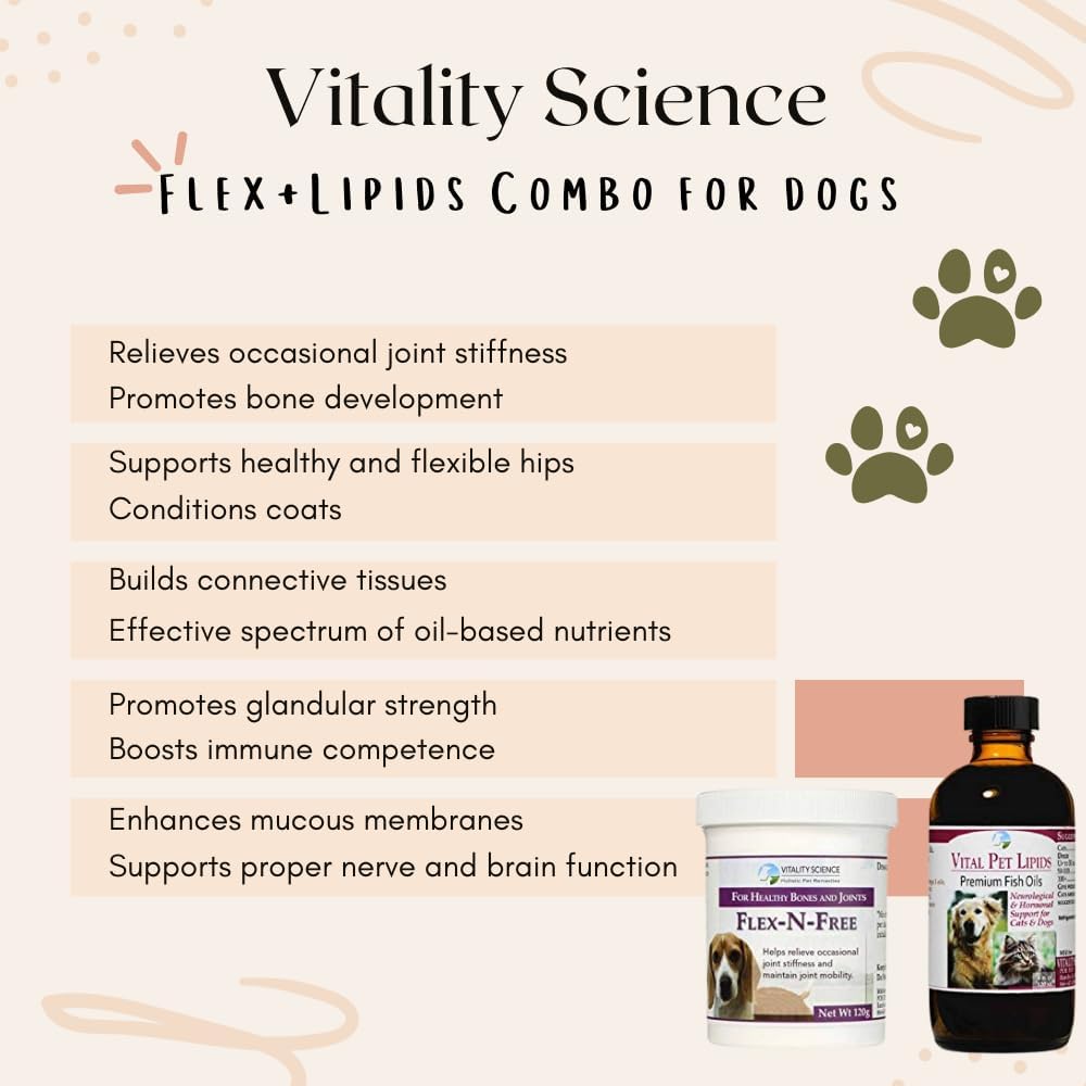 Vitality Science Flex N Free + Vital Pet Lipids for Dogs | Bone & Joint Health | Stiffness Relief | Neurological & Hormonal Support | Large Breed Formula