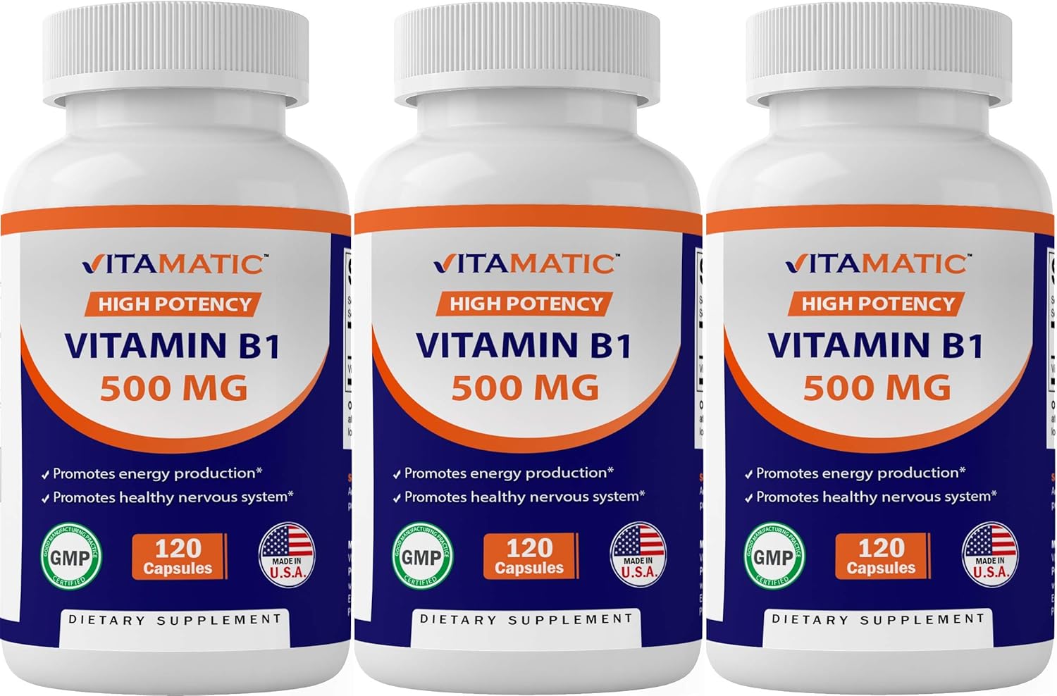 Vitamatic 3 Pack Thiamine Vitamin B1 500mg, 120 Capsules for Energy Support