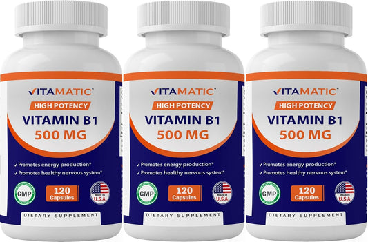 Vitamatic 3 Pack Thiamine Vitamin B1 500mg, 120 Capsules for Energy Support