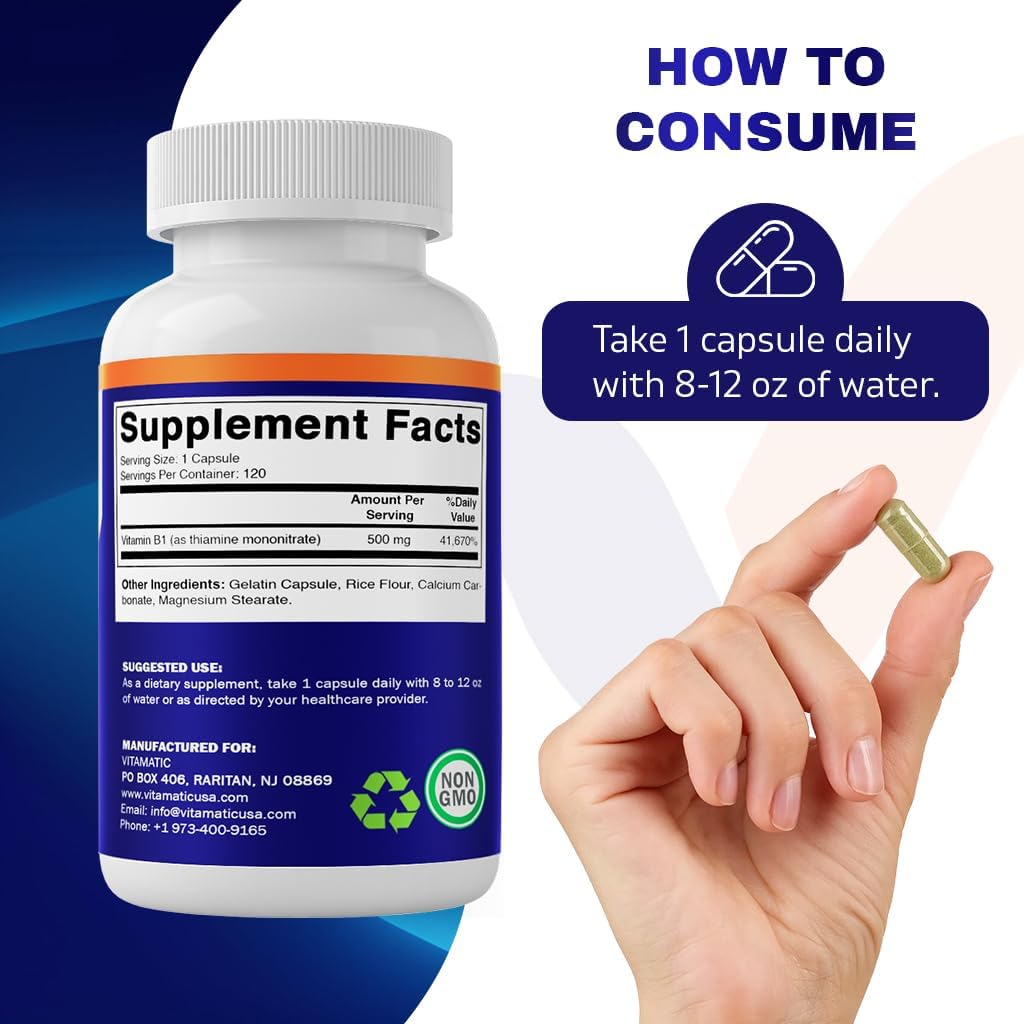 Vitamatic 3 Pack Thiamine Vitamin B1 500mg, 120 Capsules for Energy Support