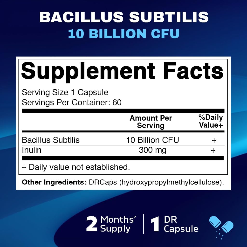 Vitamatic Bacillus Subtilis Capsules with 10 Billion CFU - 60 Count - Digestive, Gut & Immune Health Support - Prebiotic Inulin Fiber for Gut Health - BoostGo Australia