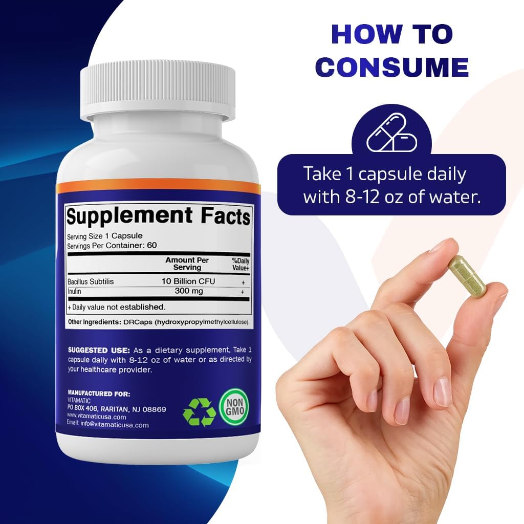 Vitamatic Bacillus Subtilis Capsules with 10 Billion CFU - 60 Count - Digestive, Gut & Immune Health Support - Prebiotic Inulin Fiber for Gut Health - BoostGo Australia