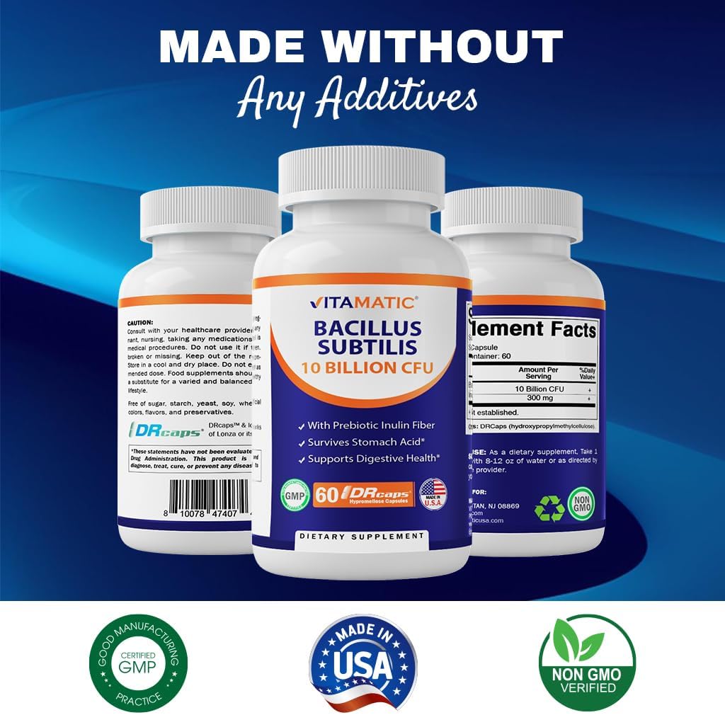 Vitamatic Bacillus Subtilis Capsules with 10 Billion CFU - 60 Count - Digestive, Gut & Immune Health Support - Prebiotic Inulin Fiber for Gut Health - BoostGo Australia