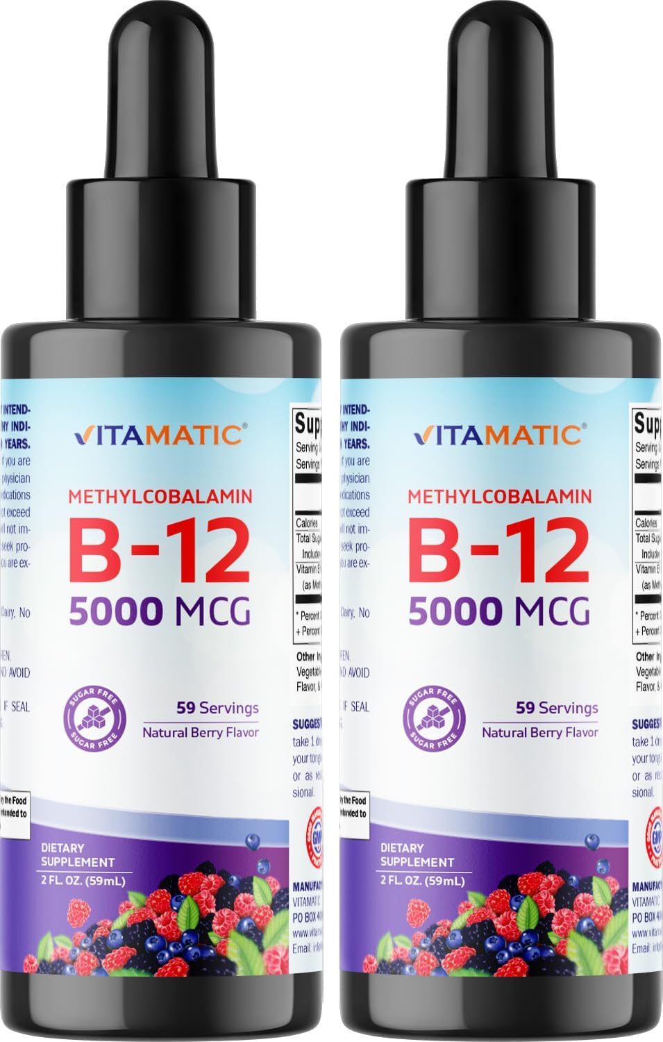 Vitamatic Fast Acting Liquid Vitamin B12 5000 mcg - 2 Pack Natural Berry Flavor - Sublingual Supplement for Faster Absorption