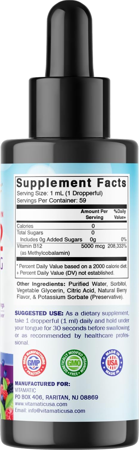 Vitamatic Fast Acting Liquid Vitamin B12 5000 mcg - 2 Pack Natural Berry Flavor - Sublingual Supplement for Faster Absorption