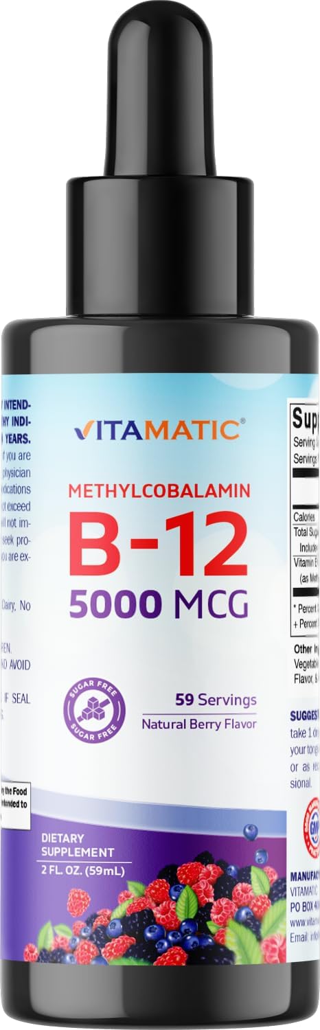 Vitamatic Fast Acting Liquid Vitamin B12 5000 mcg - 2 Pack Natural Berry Flavor - Sublingual Supplement for Faster Absorption