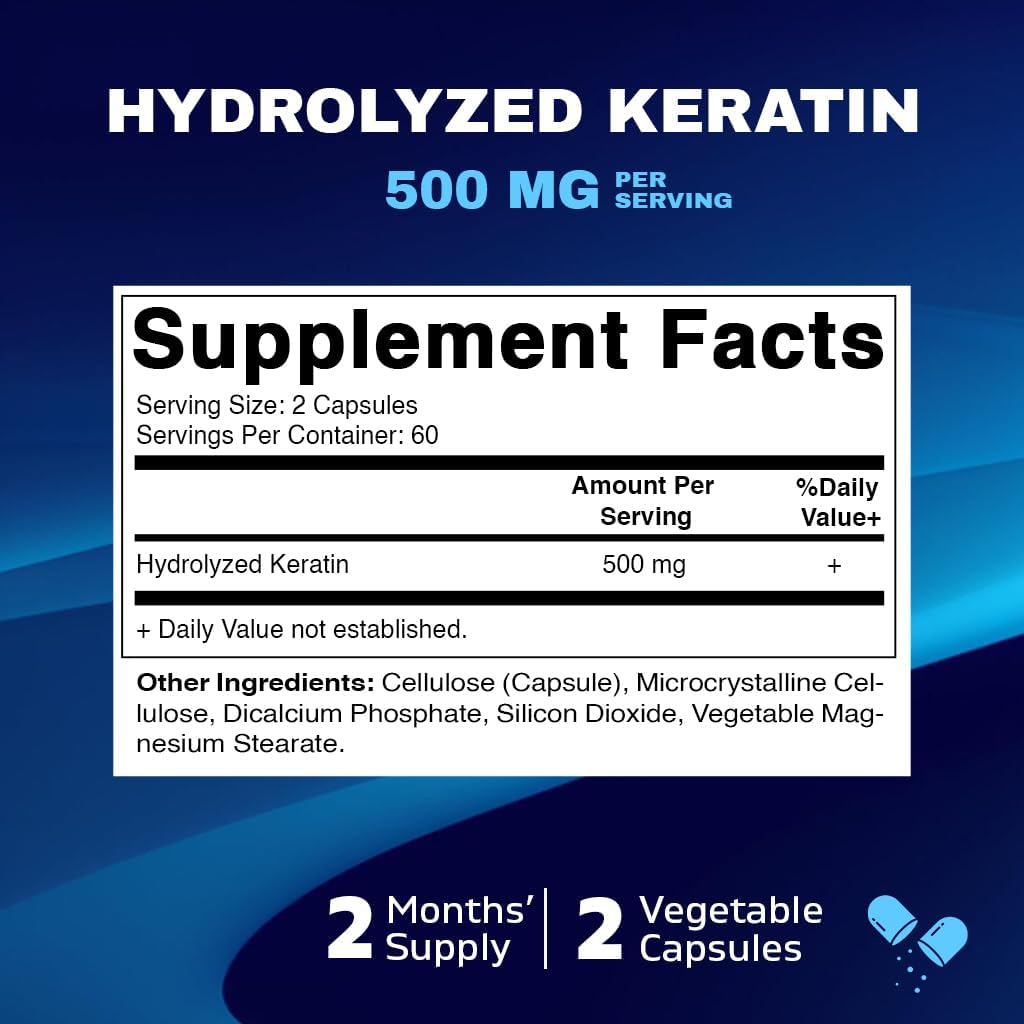 Vitamatic Hydrolyzed Keratin Capsules - 500mg per Serving - 120 Vegetarian Capsules - Hair Skin & Nails Support
