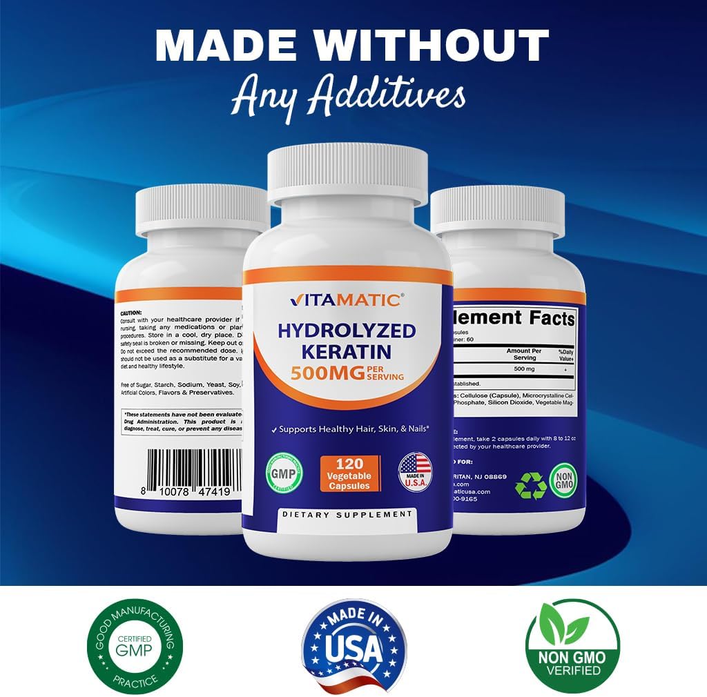 Vitamatic Hydrolyzed Keratin Capsules - 500mg per Serving - 120 Vegetarian Capsules - Hair Skin & Nails Support