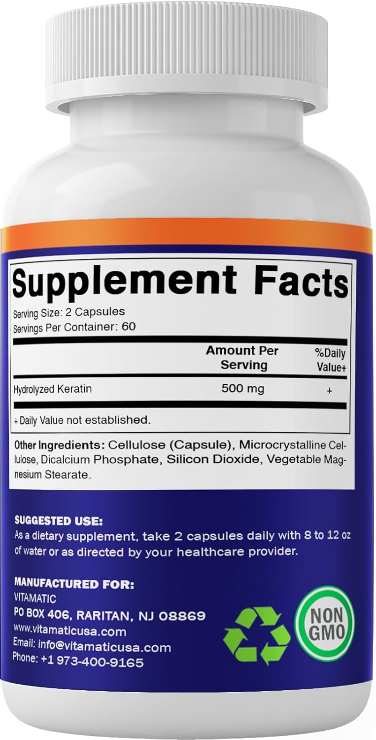 Vitamatic Hydrolyzed Keratin Capsules - 500mg per Serving - 120 Vegetarian Capsules - Hair Skin & Nails Support