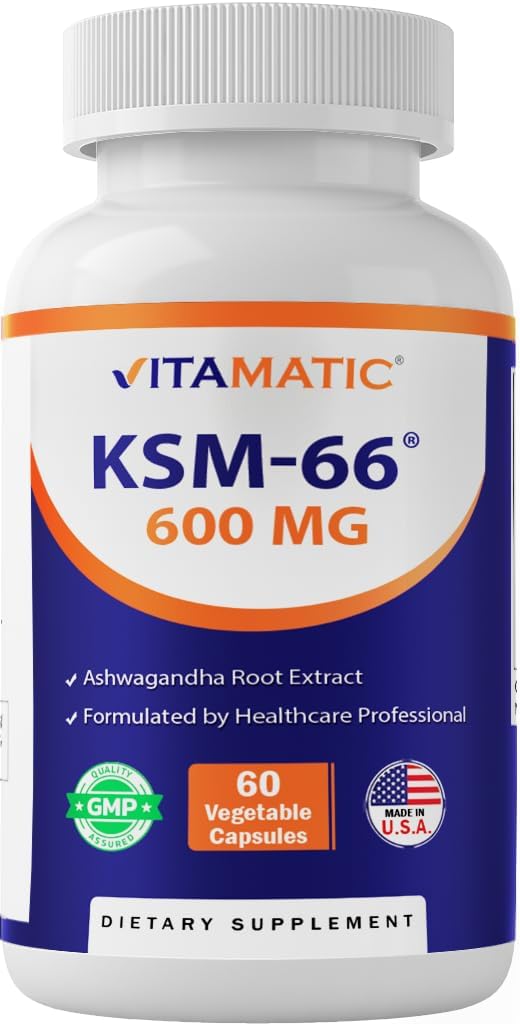 Vitamatic KSM-66 Ashwagandha Root Extract Capsules - 600mg, 60 Count with Bioperine for Enhanced Absorption