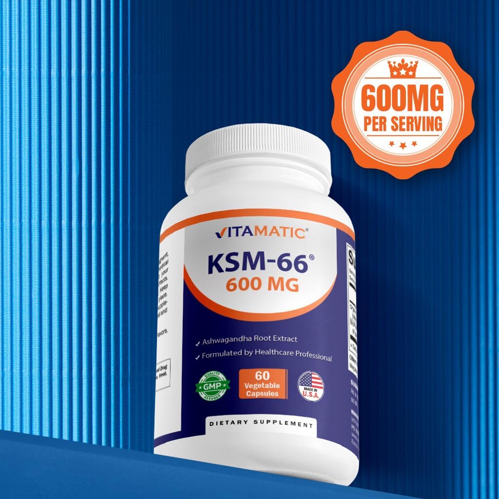 Vitamatic KSM-66 Ashwagandha Root Extract Capsules - 600mg, 60 Count with Bioperine for Enhanced Absorption