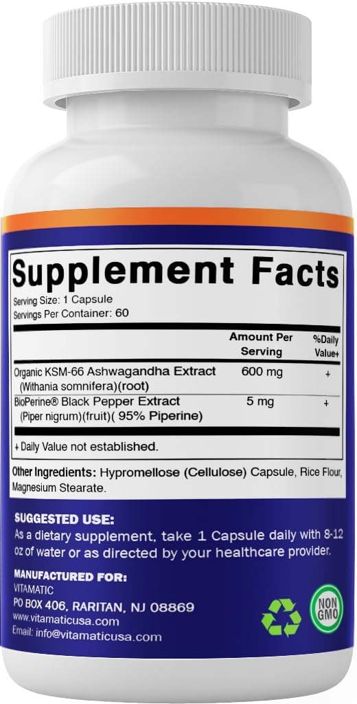 Vitamatic KSM-66 Ashwagandha Root Extract Capsules - 600mg, 60 Count with Bioperine for Enhanced Absorption