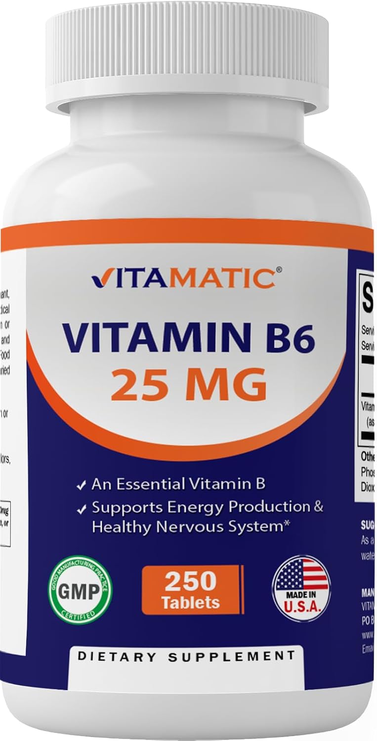 Vitamatic Vitamin B6 Tablets - 25mg Pyridoxine HCI for Energy, Metabolism, and Immune Health - 250 Vegetarian Tablets