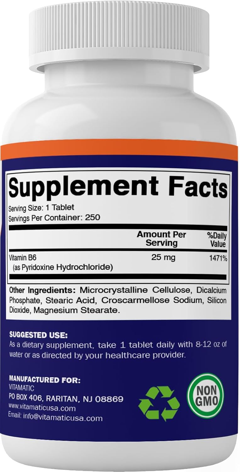 Vitamatic Vitamin B6 Tablets - 25mg Pyridoxine HCI for Energy, Metabolism, and Immune Health - 250 Vegetarian Tablets