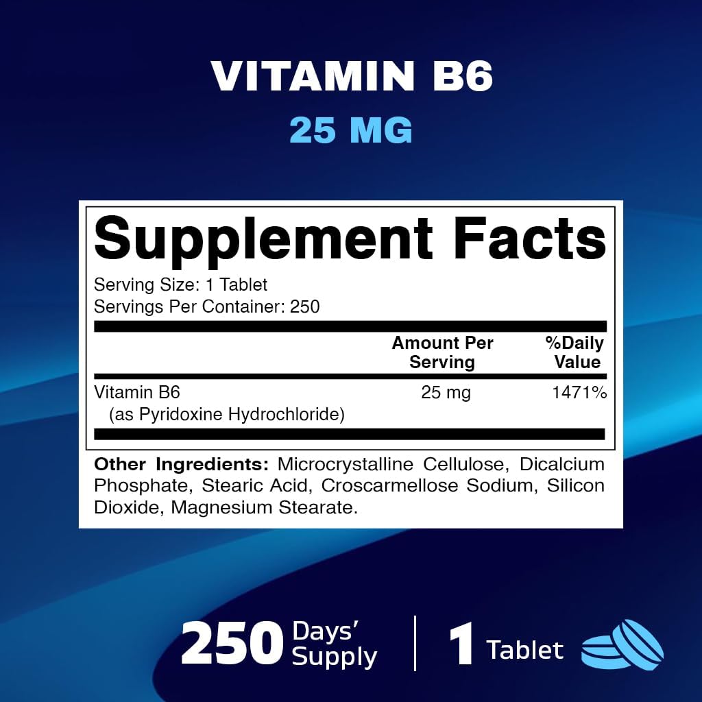 Vitamatic Vitamin B6 Tablets - 25mg Pyridoxine HCI for Energy, Metabolism, and Immune Health - 250 Vegetarian Tablets