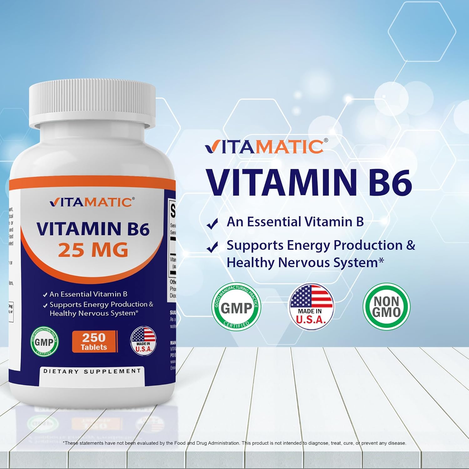 Vitamatic Vitamin B6 Tablets - 25mg Pyridoxine HCI for Energy, Metabolism, and Immune Health - 250 Vegetarian Tablets