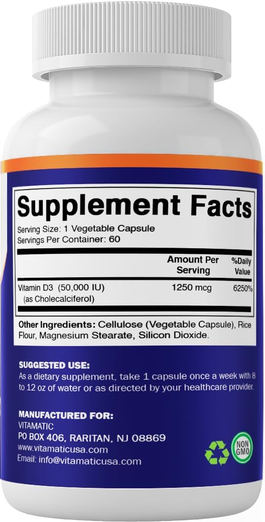 Vitamatic Vitamin D3 50,000 IU 2-Pack - Once Weekly Dose - 1 Year Supply - 120 Veg Capsules - Progressive Formula for Deficiencies
