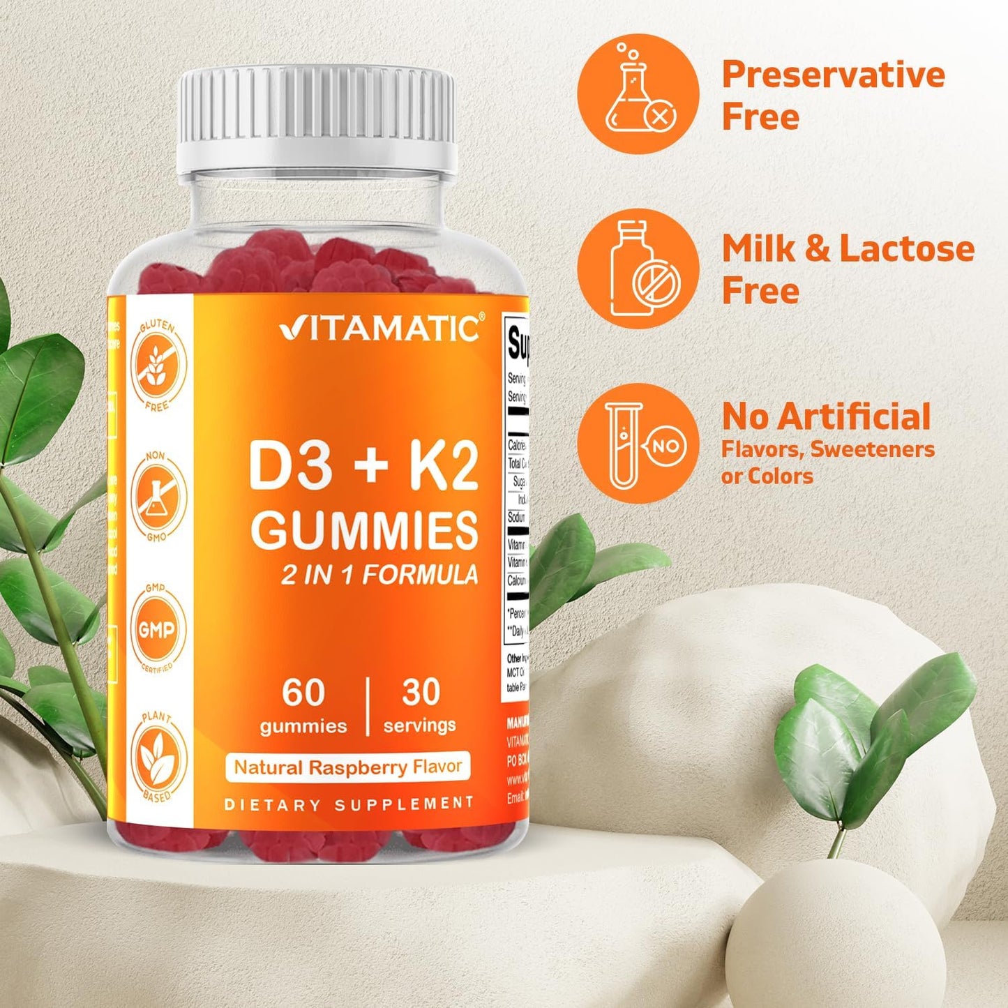 Vitamatic Vitamin D3 K2 Gummies - 60 Count - Supports Bone, Heart, & Immune Health - Plant Based & Non-GMO