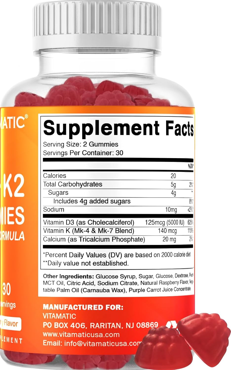 Vitamatic Vitamin D3 K2 Gummies - 60 Count - Supports Bone, Heart, & Immune Health - Plant Based & Non-GMO