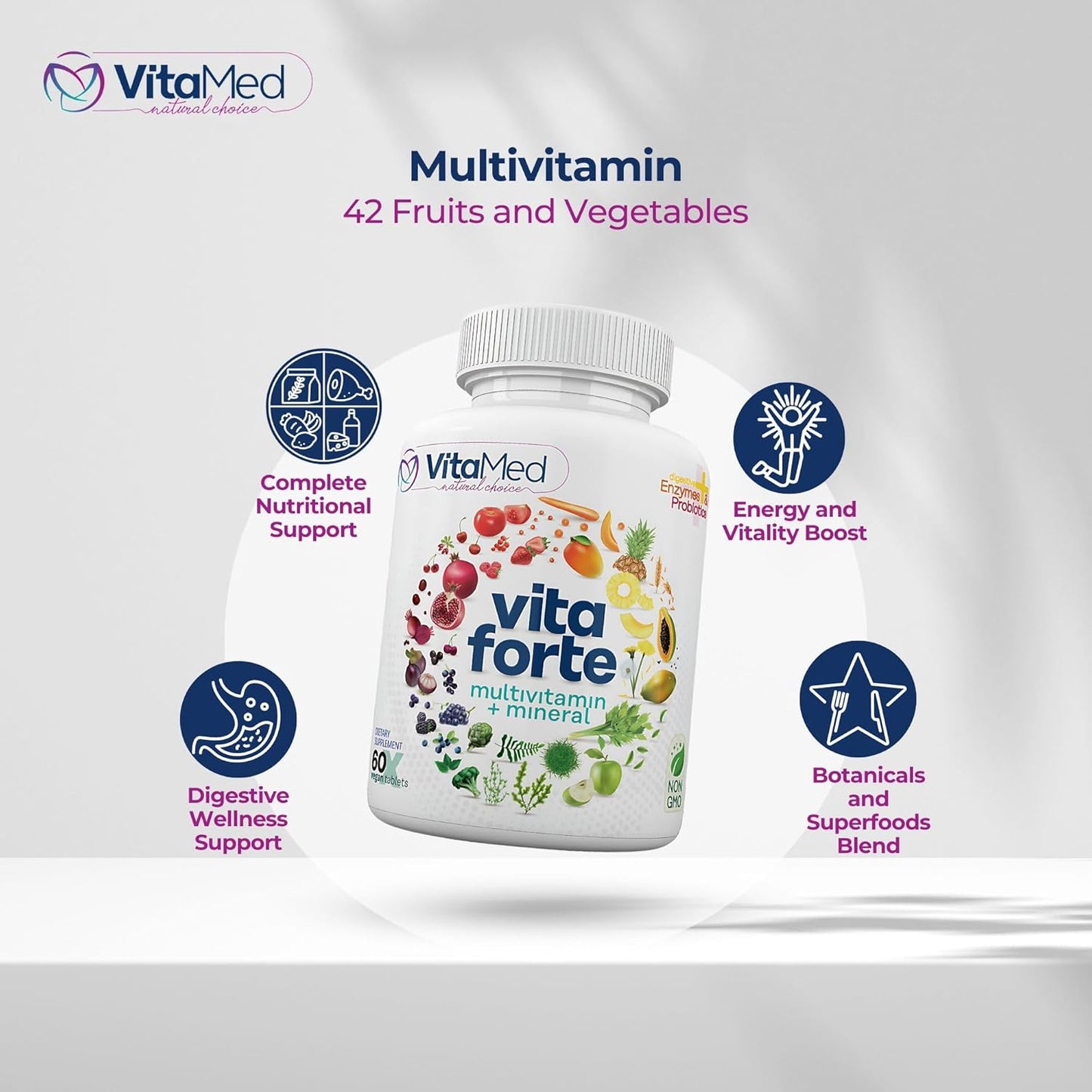 VitaMed Vita Forte Vegan Multivitamin - Complete Daily Supplement for Immune Support & Wellness - 60 Tablets
