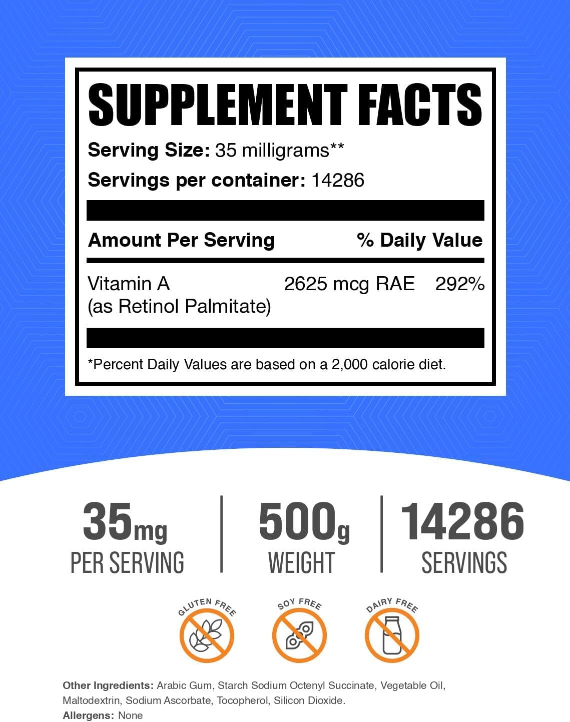 Vitamin A Palmitate Powder - Retinol Palmitate Supplement for Immune & Eye Health - Gluten Free, 35mg per Serving, 500g (1.1 lbs)