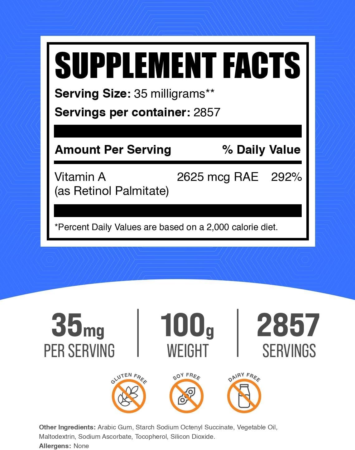 Vitamin A Palmitate Powder 100g - Retinol Palmitate Supplement for Immune & Eye Support - Gluten Free - 35mg per Serving - Pack of 1