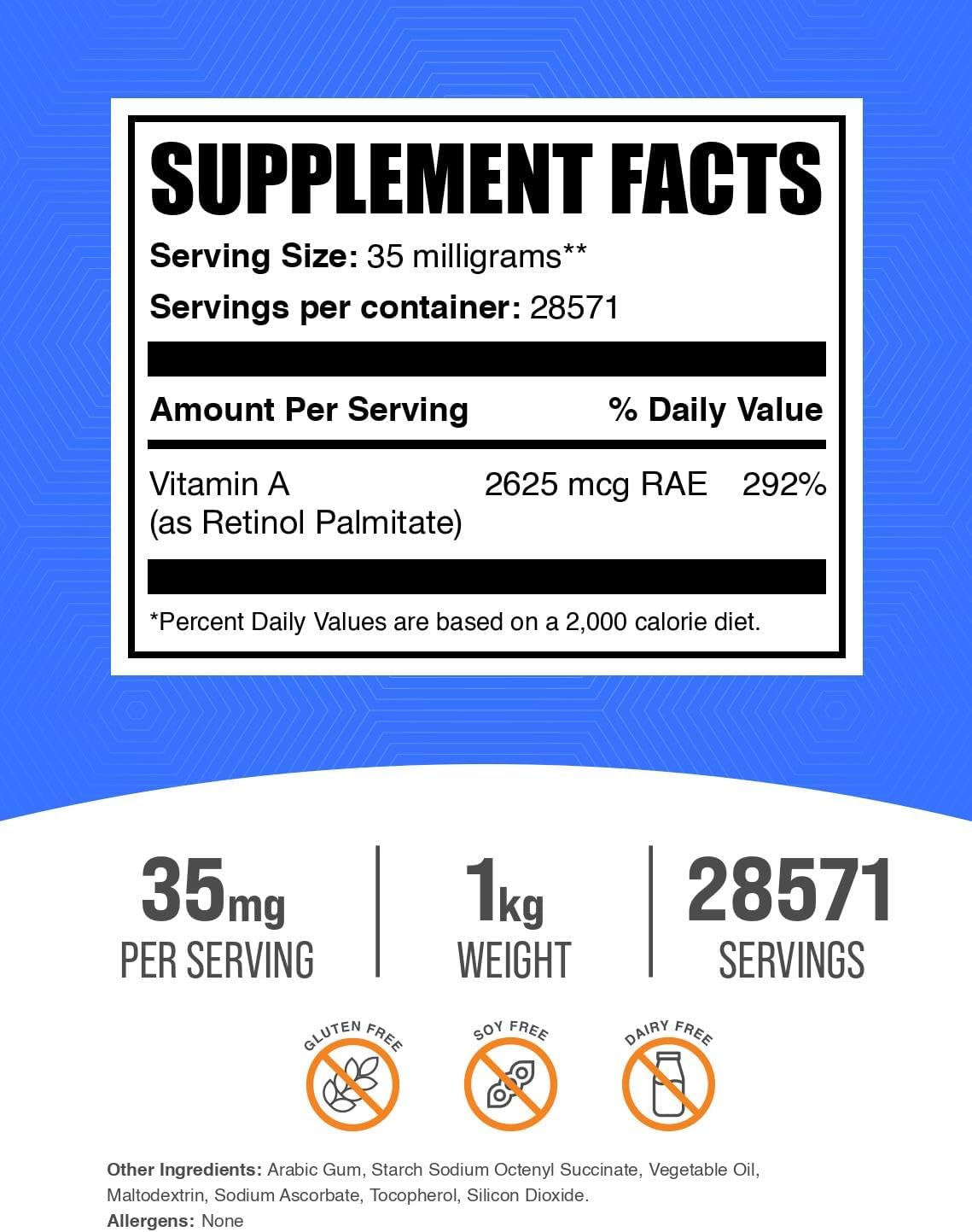 Vitamin A Palmitate Powder 35mg - Immune & Eye Support Supplement - Gluten Free - 1kg (2.2 lbs) - Pack of 1