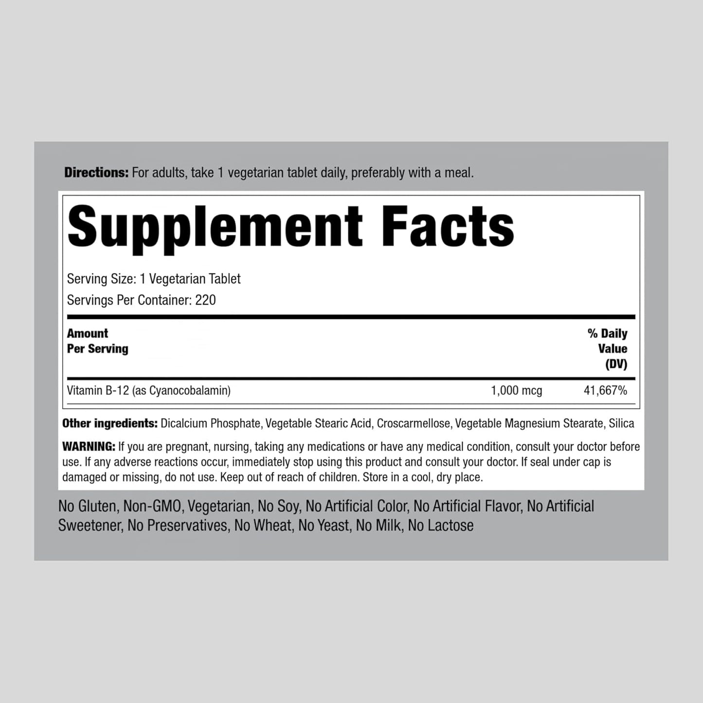 Vitamin B-12 1000mcg Tablets - Non-GMO, Vegetarian & Gluten Free Supplement by Piping Rock