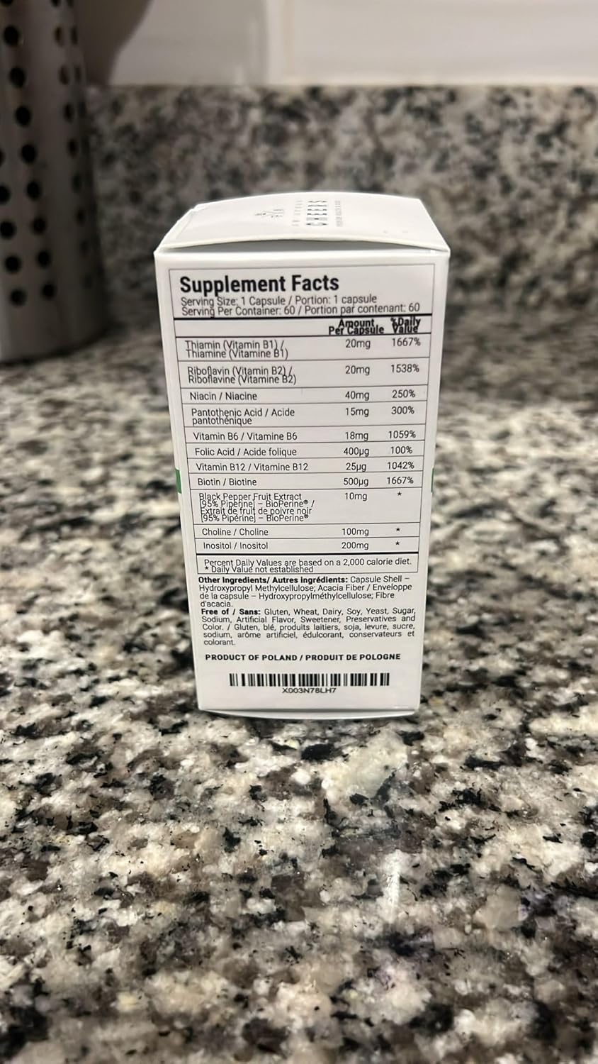 Vitamin B Complex Capsules - 60 Count, 415mg | B1, B2, B3, B6 | Vegan Adults Supplement