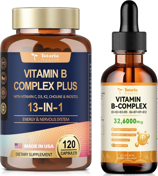 Vitamin B Complex Capsules and Liquid Bundle - 2 Bottles