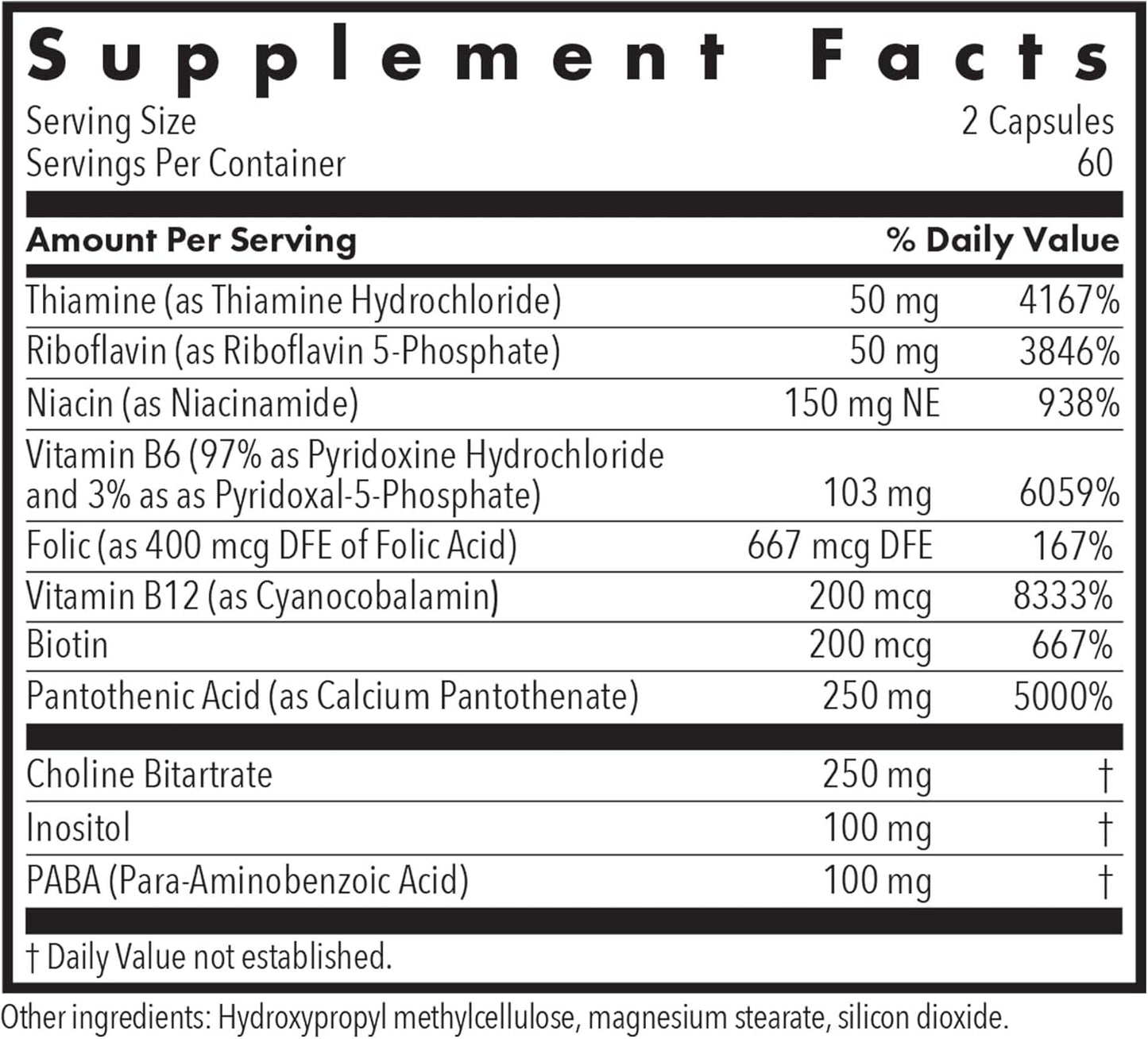 Vitamin B Complex Supplement for Men and Women - 120 Vegetarian Capsules with Vitamin B12 and B6, Corn-Free and Yeast-Free