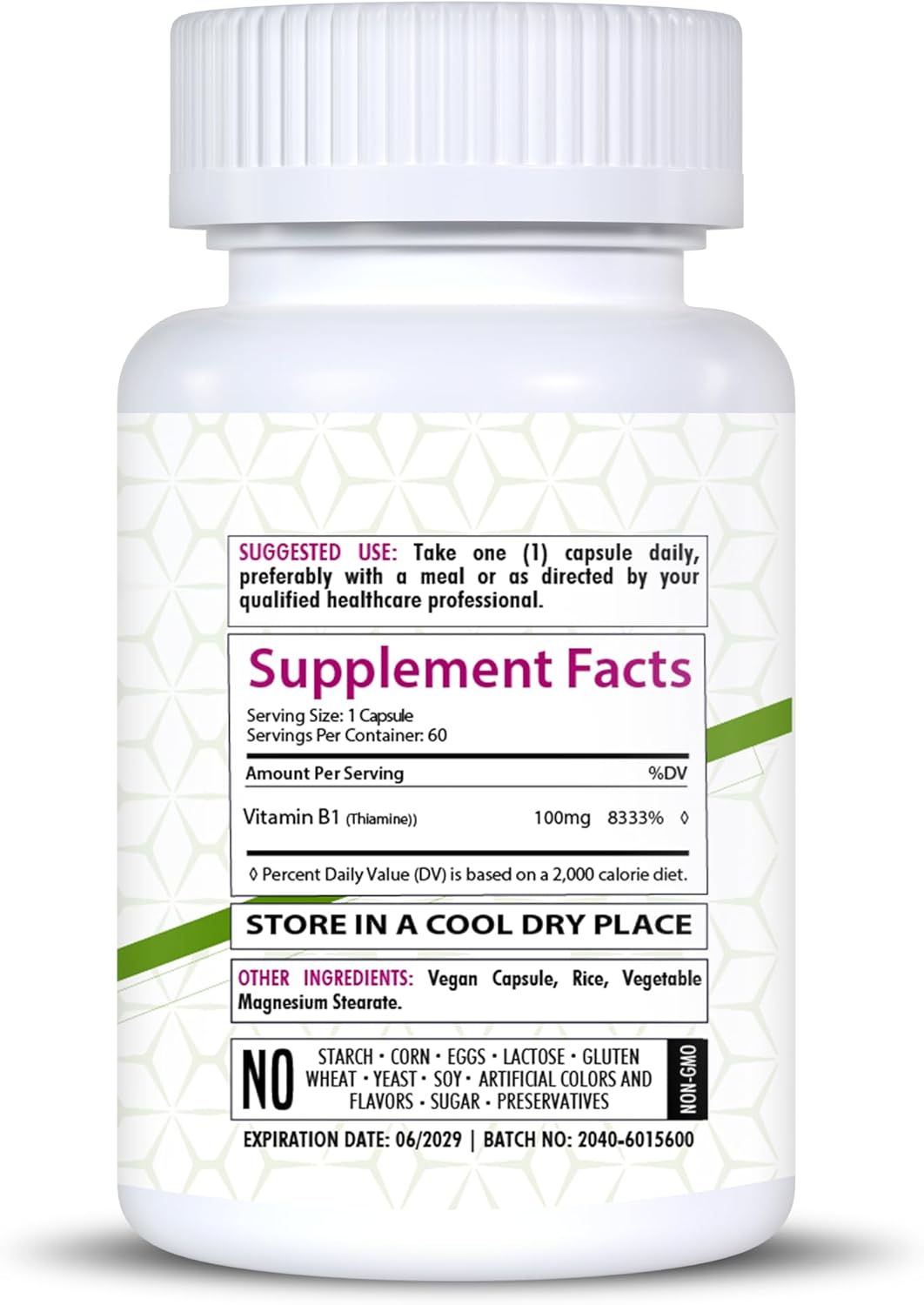 Vitamin B1 100mg Supplement | 60 Capsules | Supports Overall Health | Non-GMO & Gluten Free