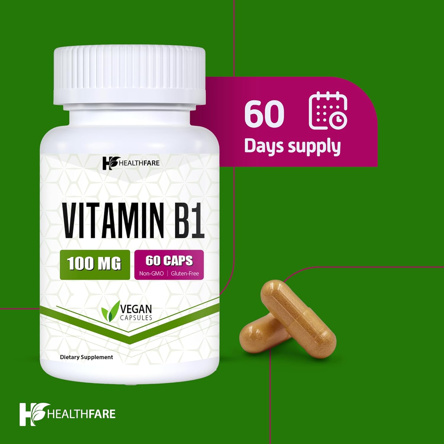Vitamin B1 100mg Supplement | 60 Capsules | Supports Overall Health | Non-GMO & Gluten Free