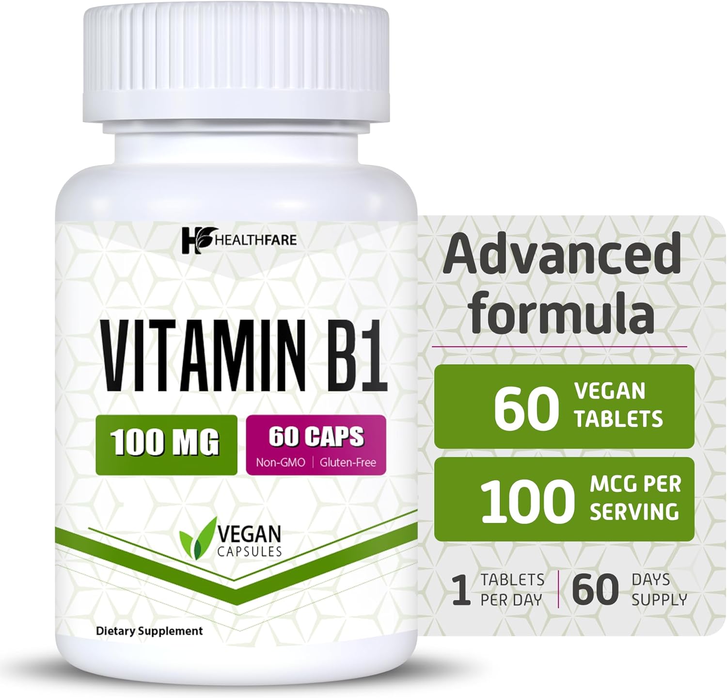 Vitamin B1 100mg Supplement | 60 Capsules | Supports Overall Health | Non-GMO & Gluten Free