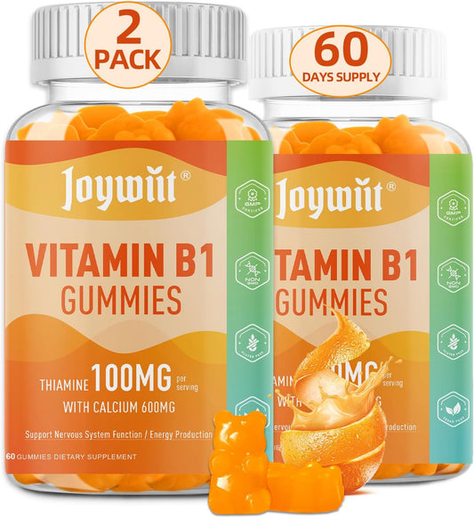 Vitamin B1 Gummies 100mg with Calcium for Energy & Nervous System Support - Orange Flavor, Non GMO, Vegan - 120 Chewable Gummies for Adults & Kids
