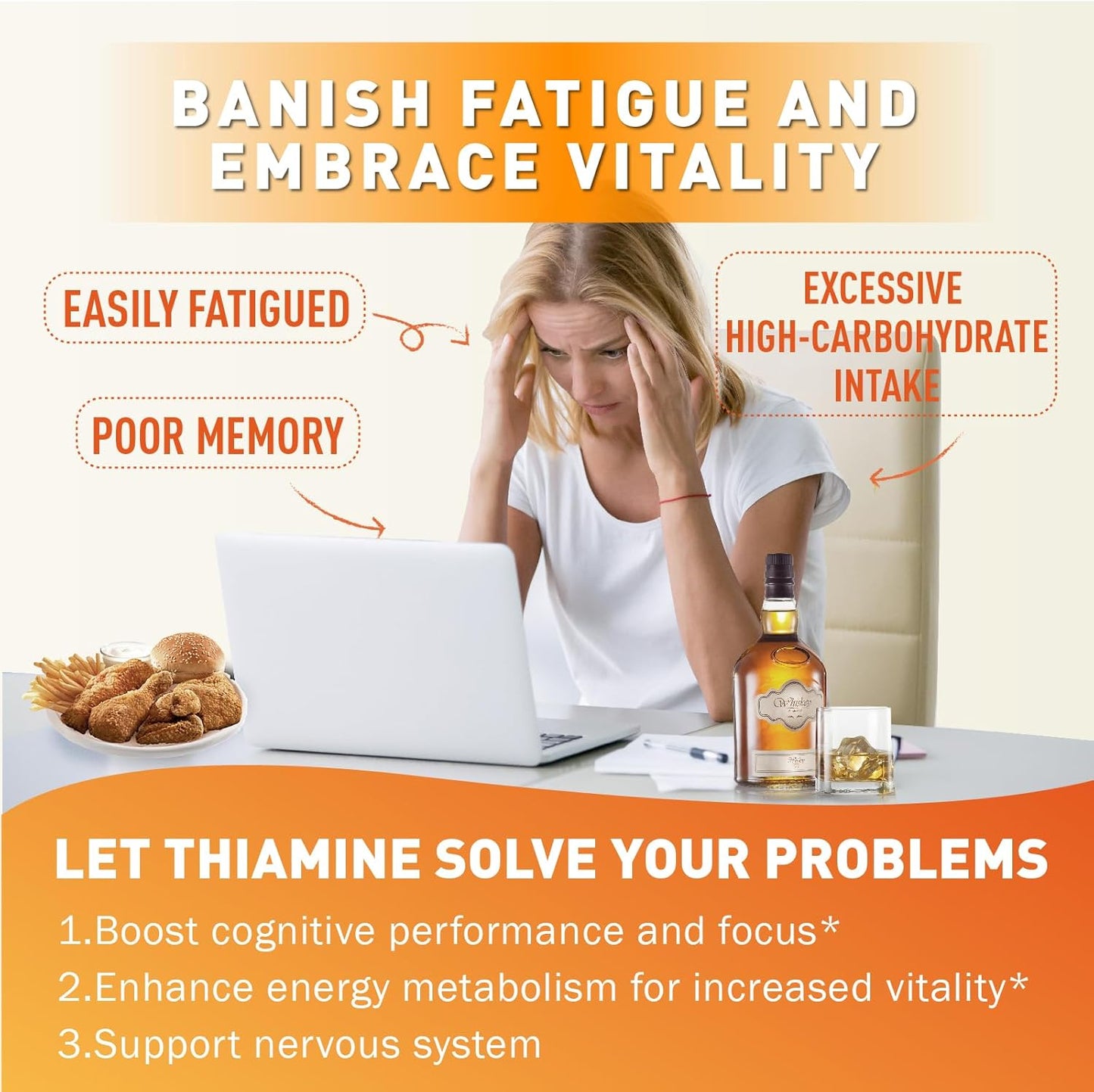 Vitamin B1 Gummies 100mg with Calcium for Energy & Nervous System Support - Orange Flavor, Non GMO, Vegan - 120 Chewable Gummies for Adults & Kids