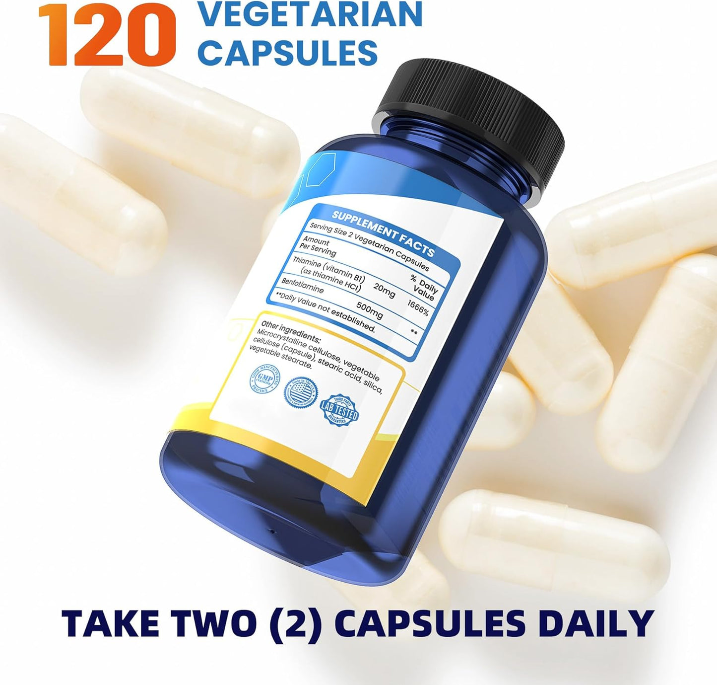 Vitamin B1 Supplement with 500mg Per Capsule - 120 Capsules, Non-GMO, Vegan, Gluten-Free