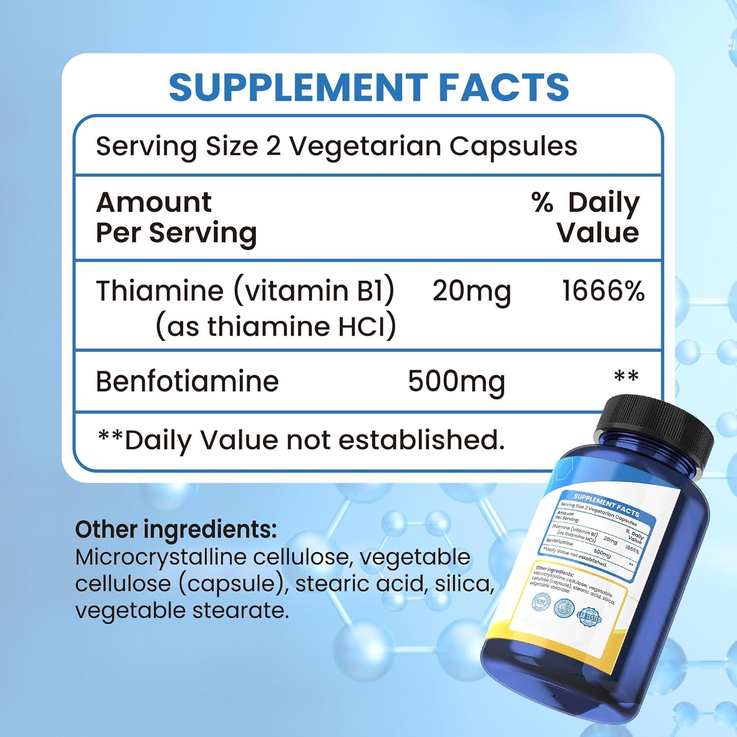 Vitamin B1 Supplement with 500mg Per Capsule - 120 Capsules, Non-GMO, Vegan, Gluten-Free