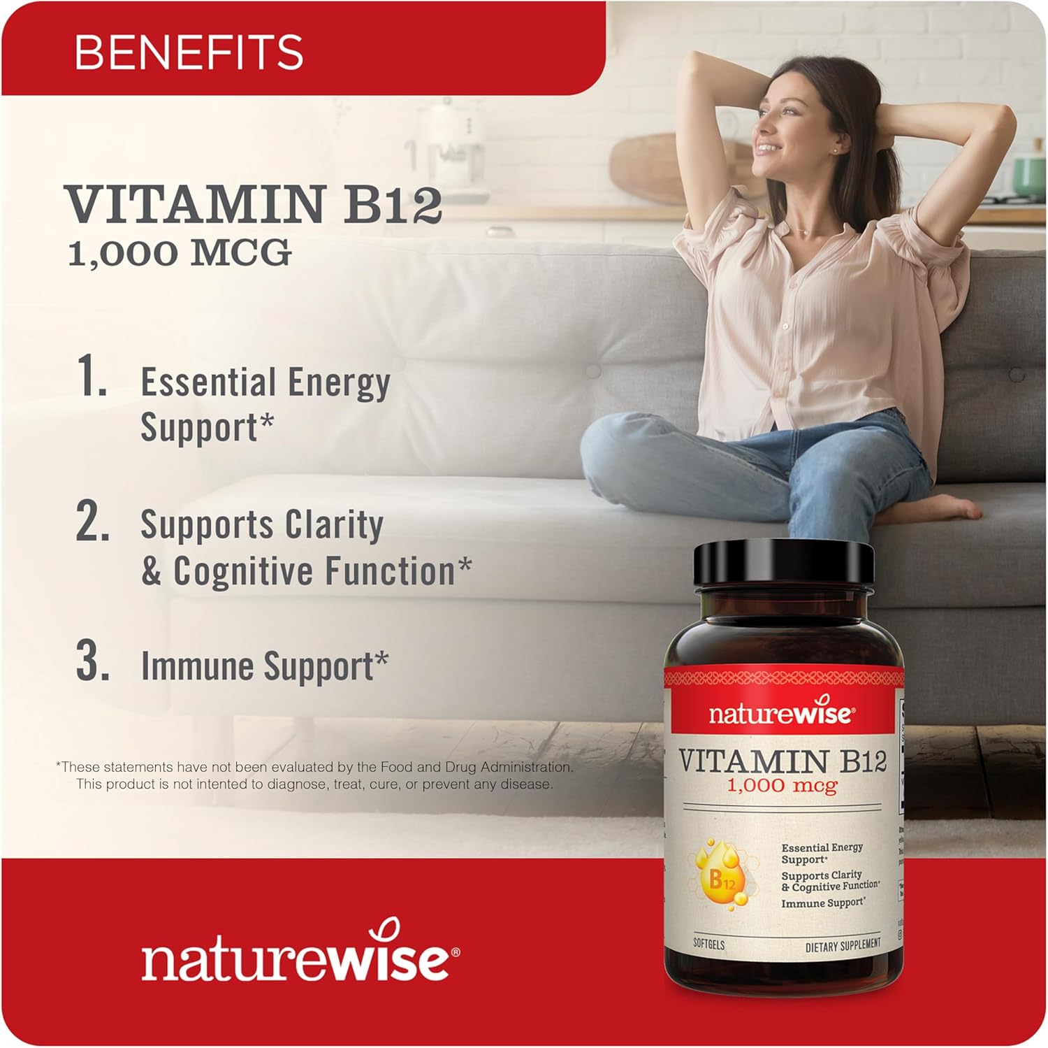 Vitamin B12 1,000 mcg and B Complex Softgels for Energy, Clarity, Vitality - 60 Count