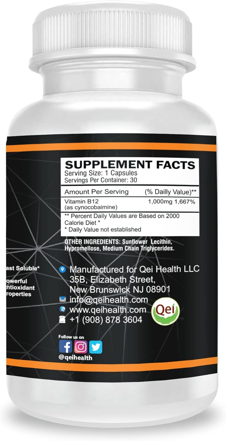 Vitamin B12 1000mg Capsules for Energy and Nervous System Support - 30 Count