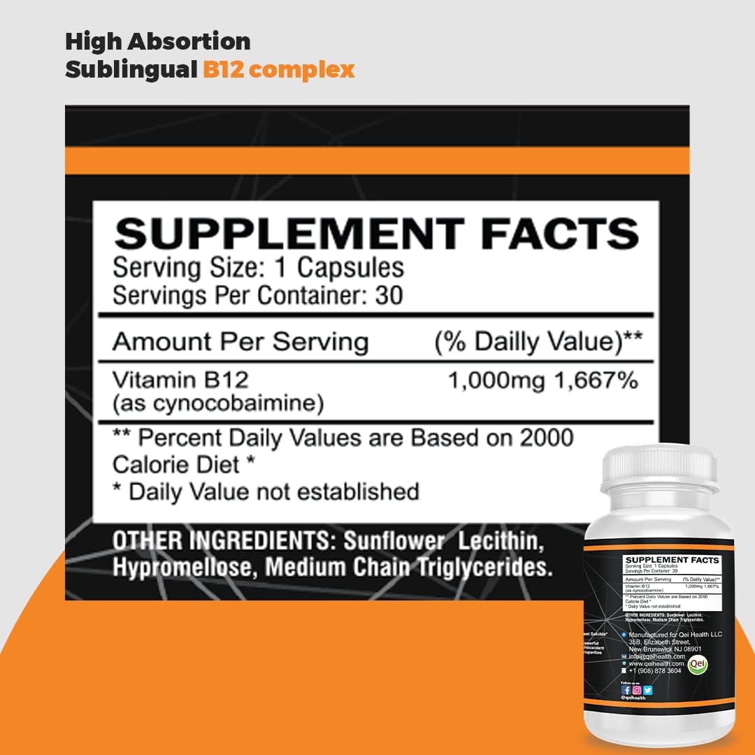 Vitamin B12 1000mg Capsules for Energy and Nervous System Support - 30 Count